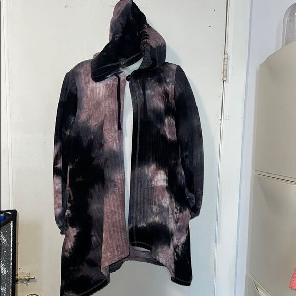 LOGO by LORI GOLDSTEIN Purple Tie Dye Marcee Hooded Cardigan-S - Picture 1 of 9